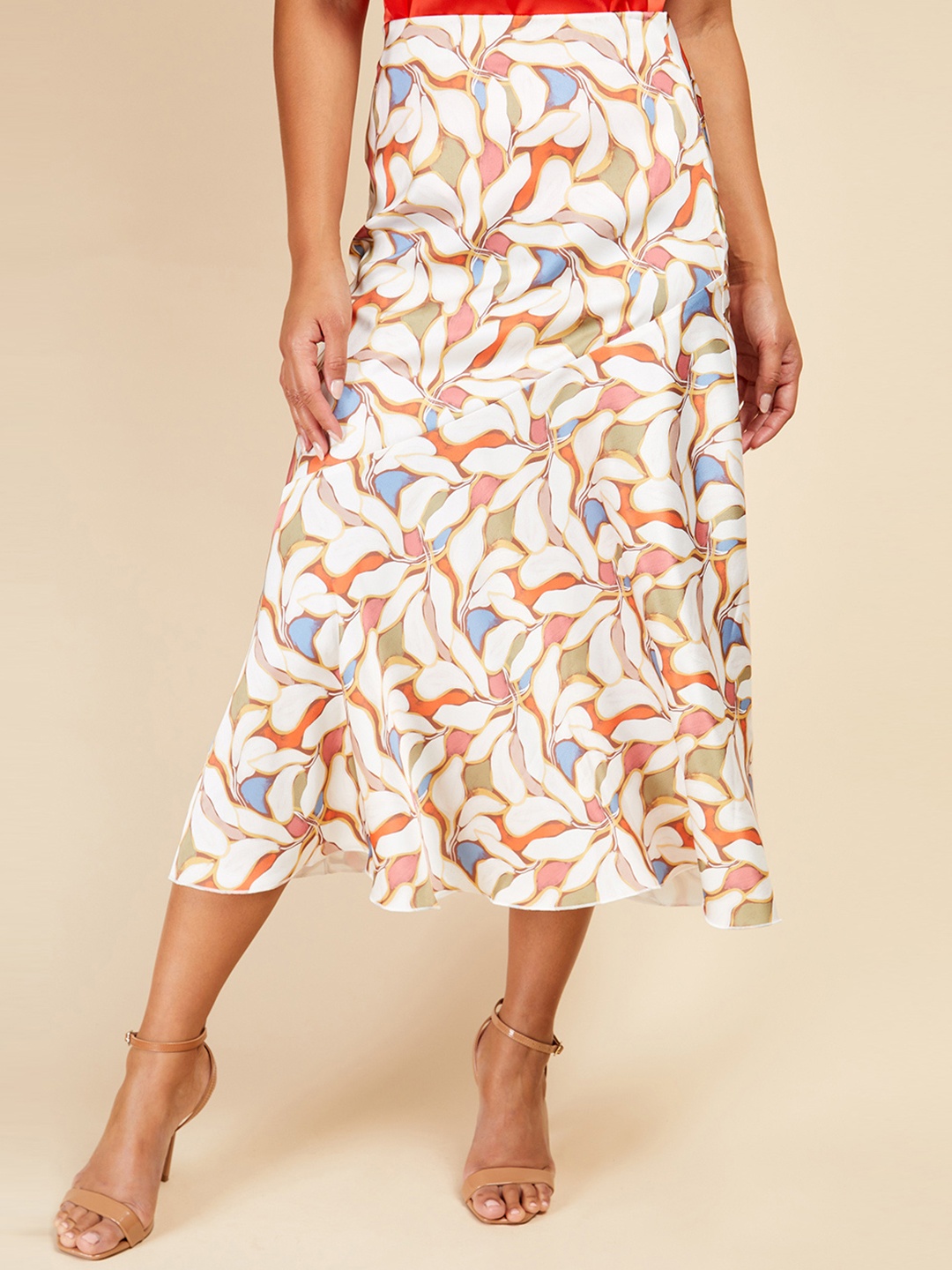 

Little Mistress Printed Satin-Finish A-Line Midi Skirt, White