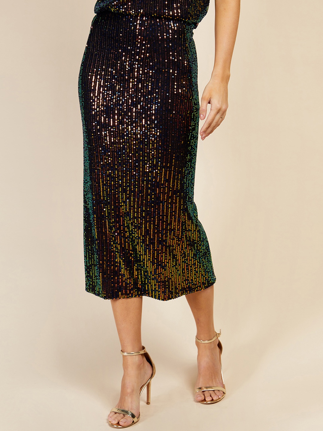 Little Mistress Sequined Straight Midi Slip Skirt, Black