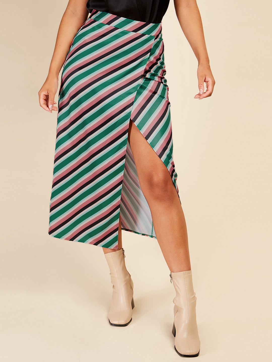 

Little Mistress Striped Wrap-Style Midi Skirt, Green