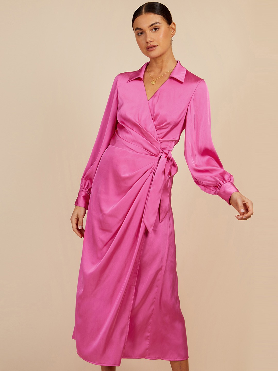 

Little Mistress Satin Faux Wrap Midi Dress, Pink