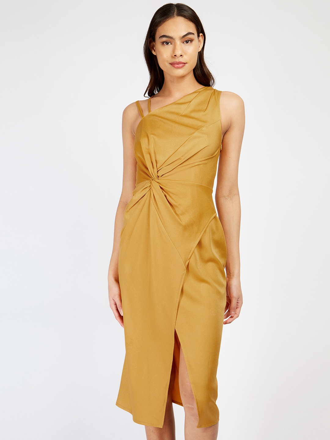 

Little Mistress Satin-Finish Asymmetric Neck Bodycon Midi Dress, Mustard