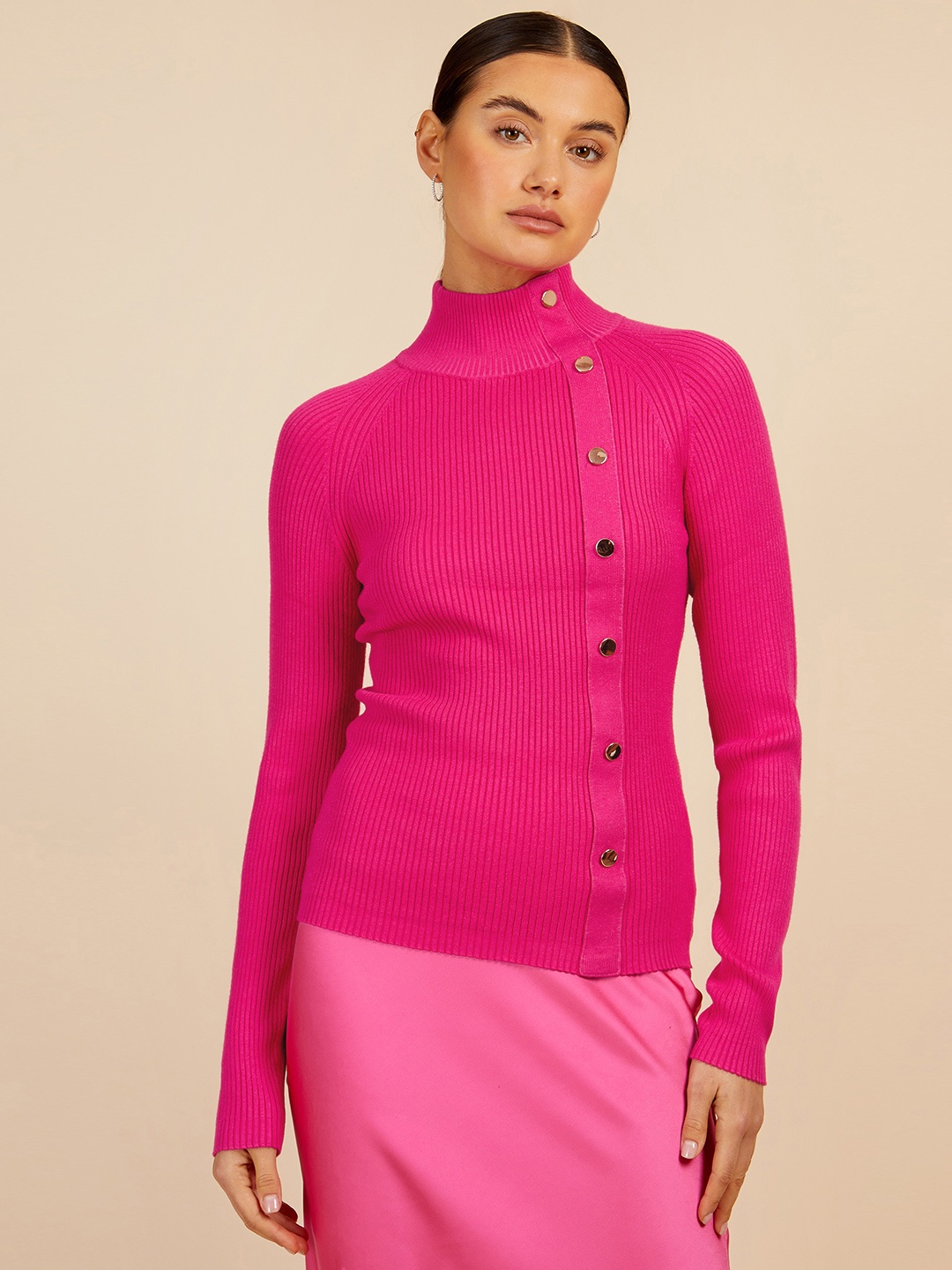 

Little Mistress Ribbed High Neck Button Detail Pullover, Fuchsia