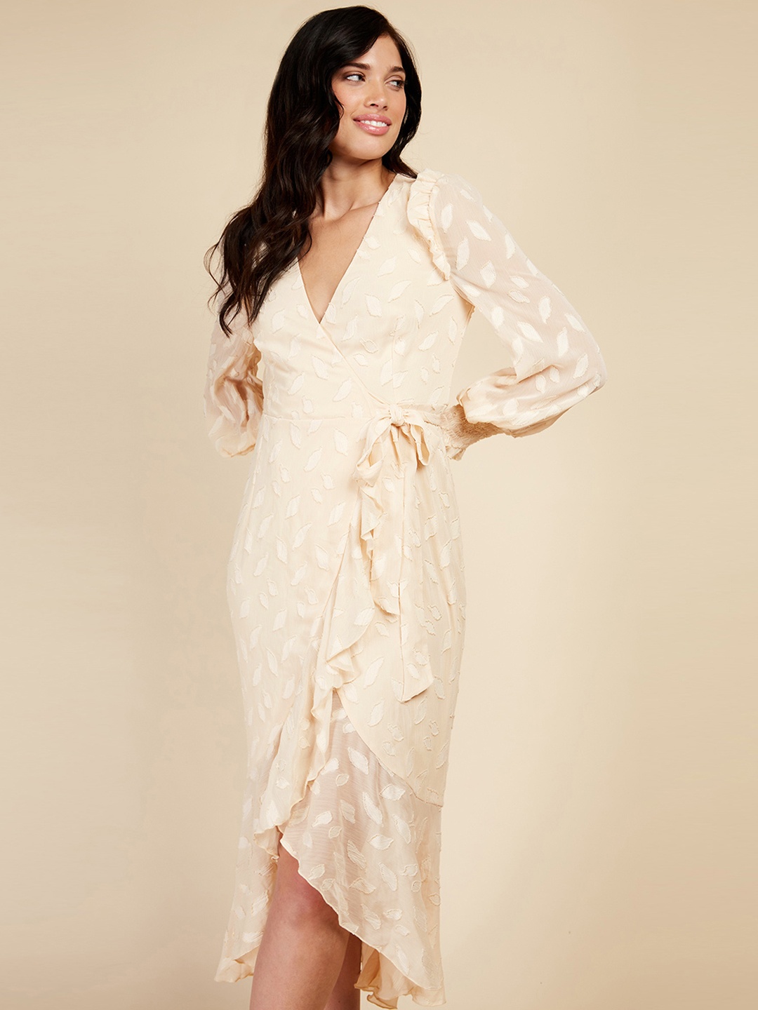 

Little Mistress Textured Ruffled Wrap Midi Dress, Cream