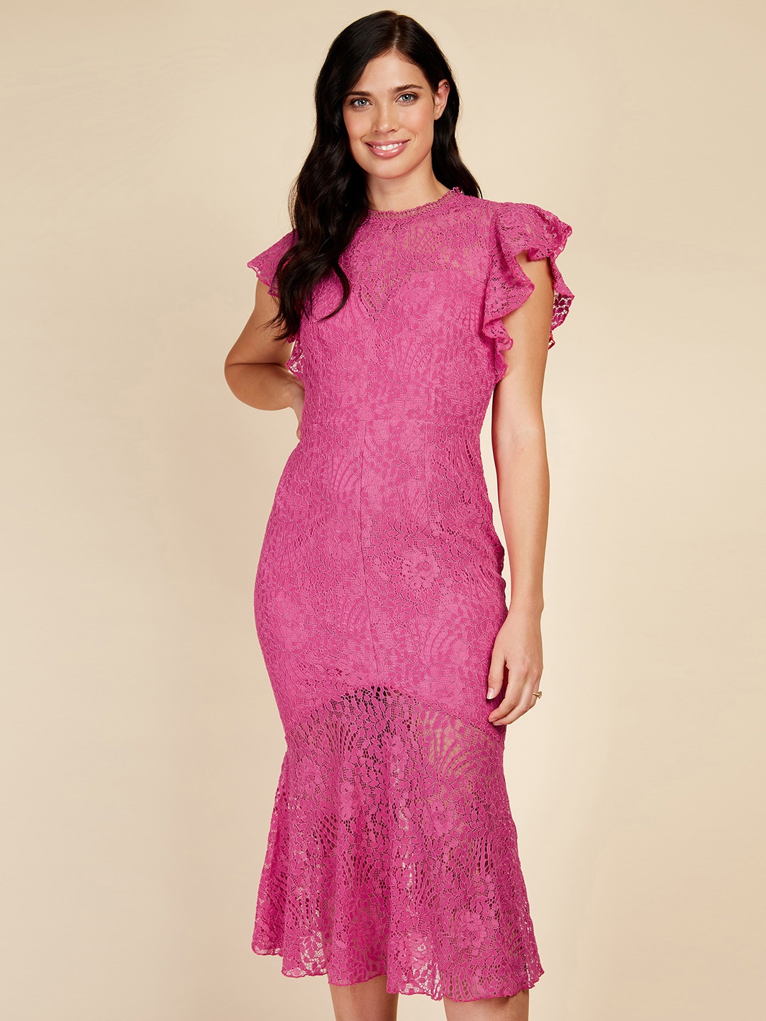 

Little Mistress Flutter Sleeve Fishtail Lace Midi Dress, Fuchsia