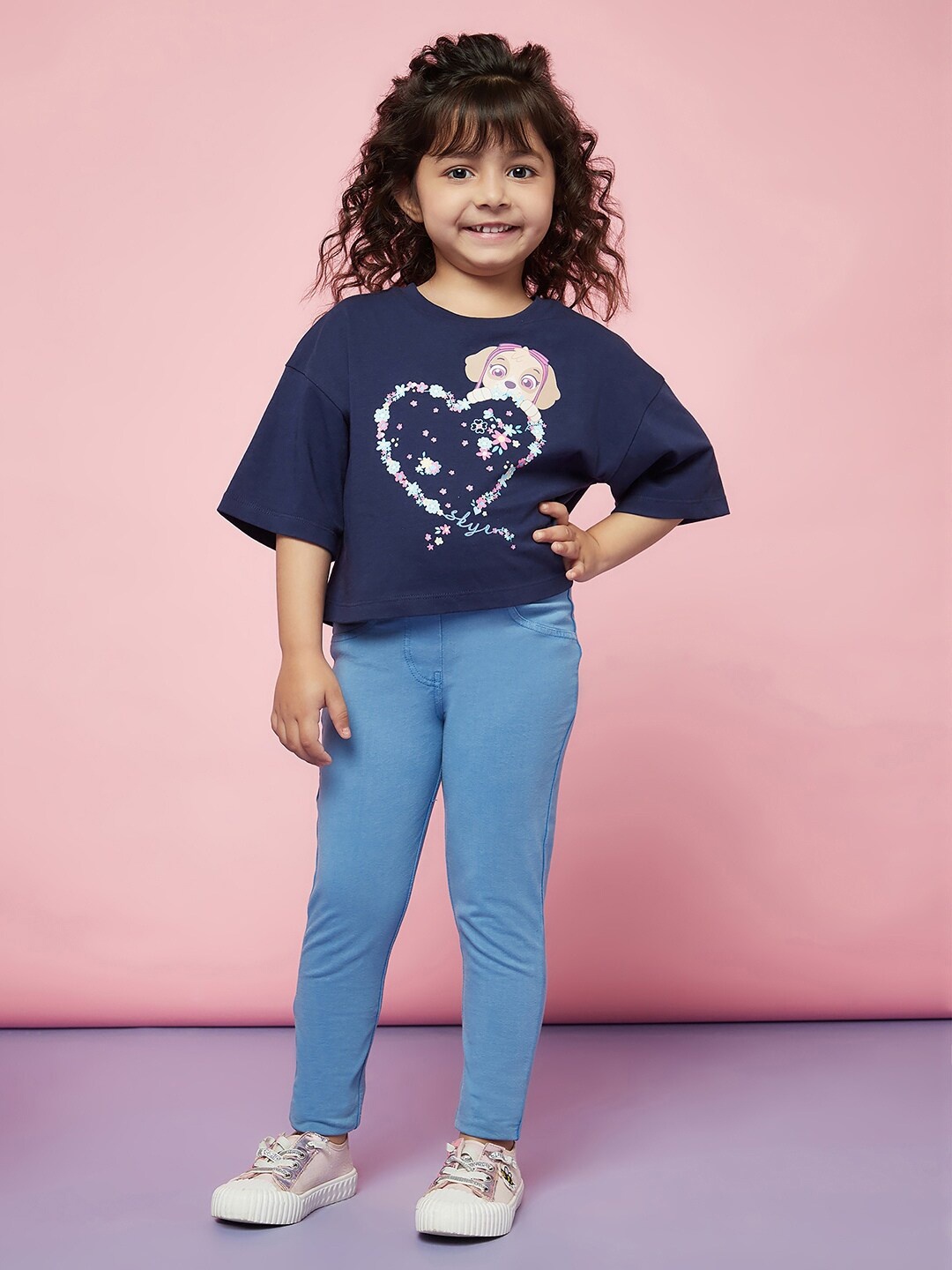 

SPUNKIES Girls Printed Pure Cotton Top With Leggings, Navy blue