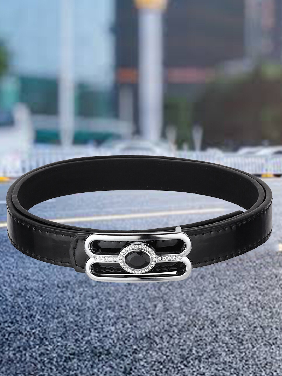

DressBerry Women Black Slim Push Pin Closure Belt