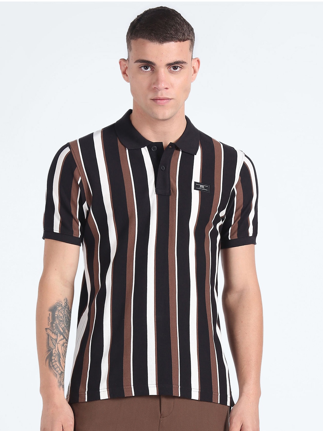 

Flying Machine Striped Polo Collar Cotton T-shirt, Brown