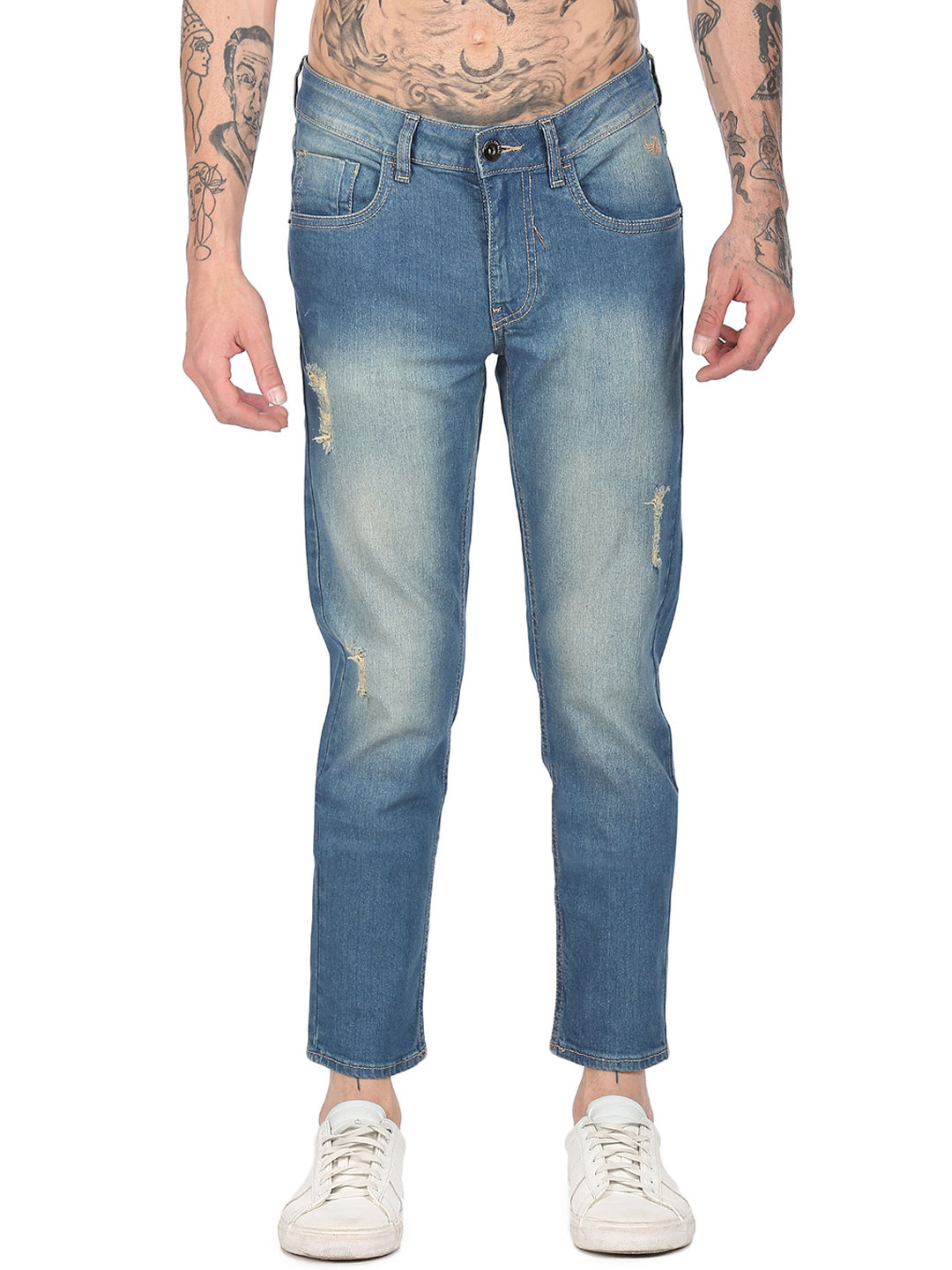 

Flying Machine Men Skinny Fit Mildly Distressed Heavy Fade Jeans, Blue