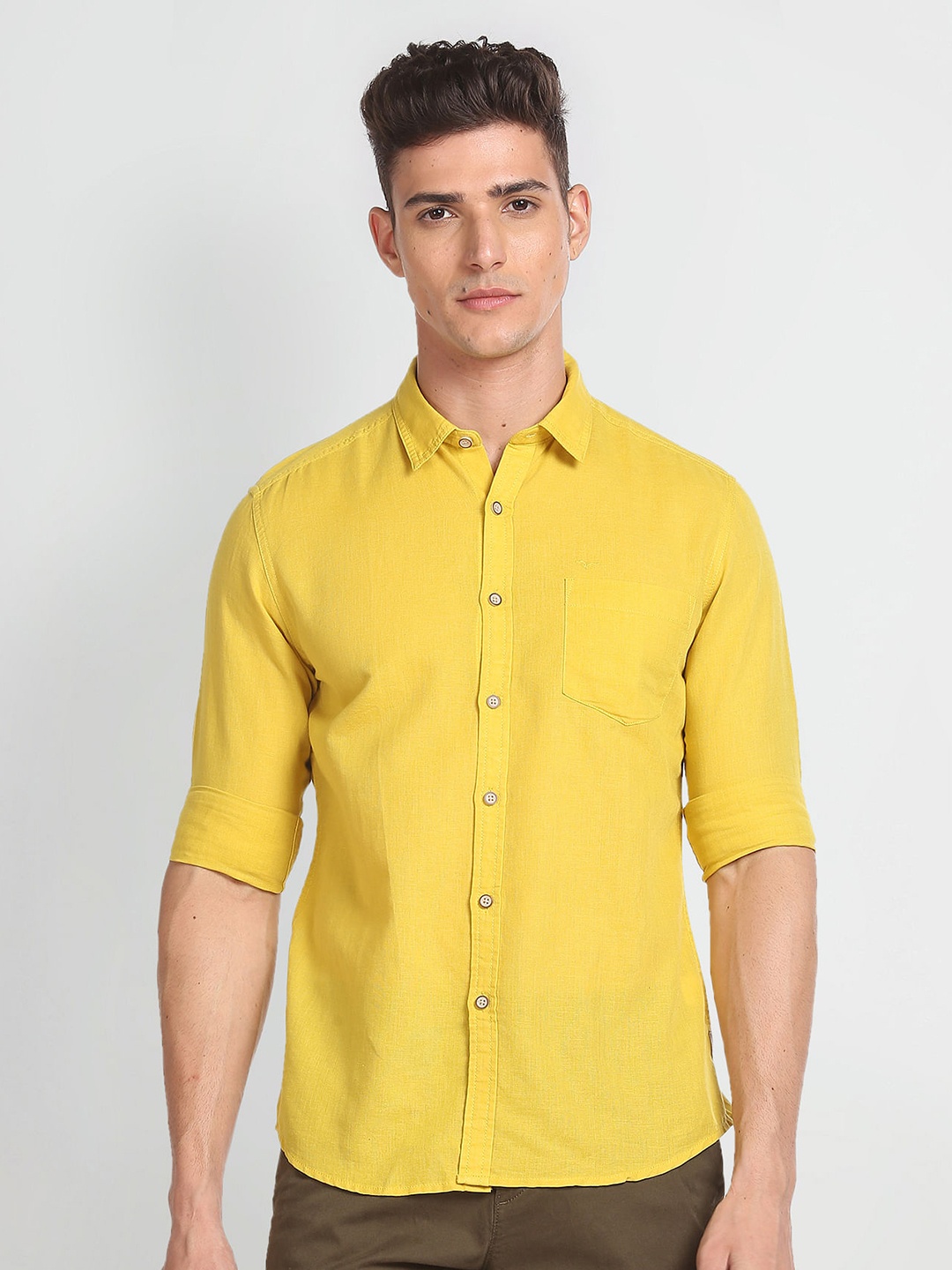 

Flying Machine Spread Collar Cotton Linen Casual Shirt, Yellow