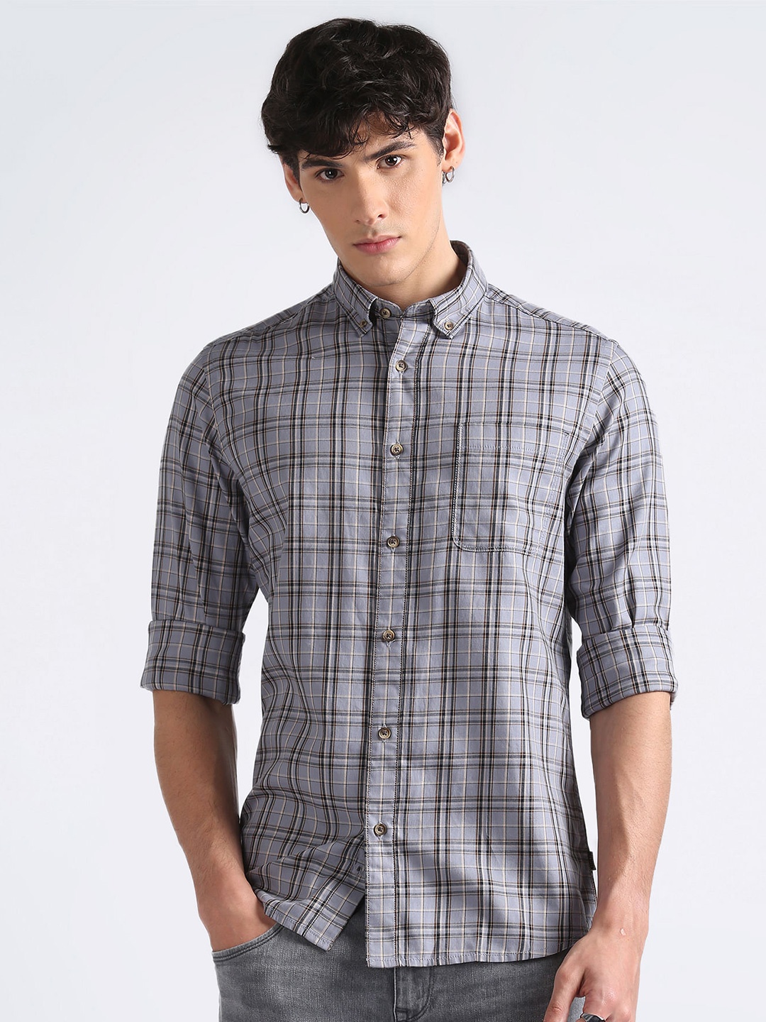 

Flying Machine Tartan Checked Button-Down Collar Pure Cotton Casual Shirt, Lavender