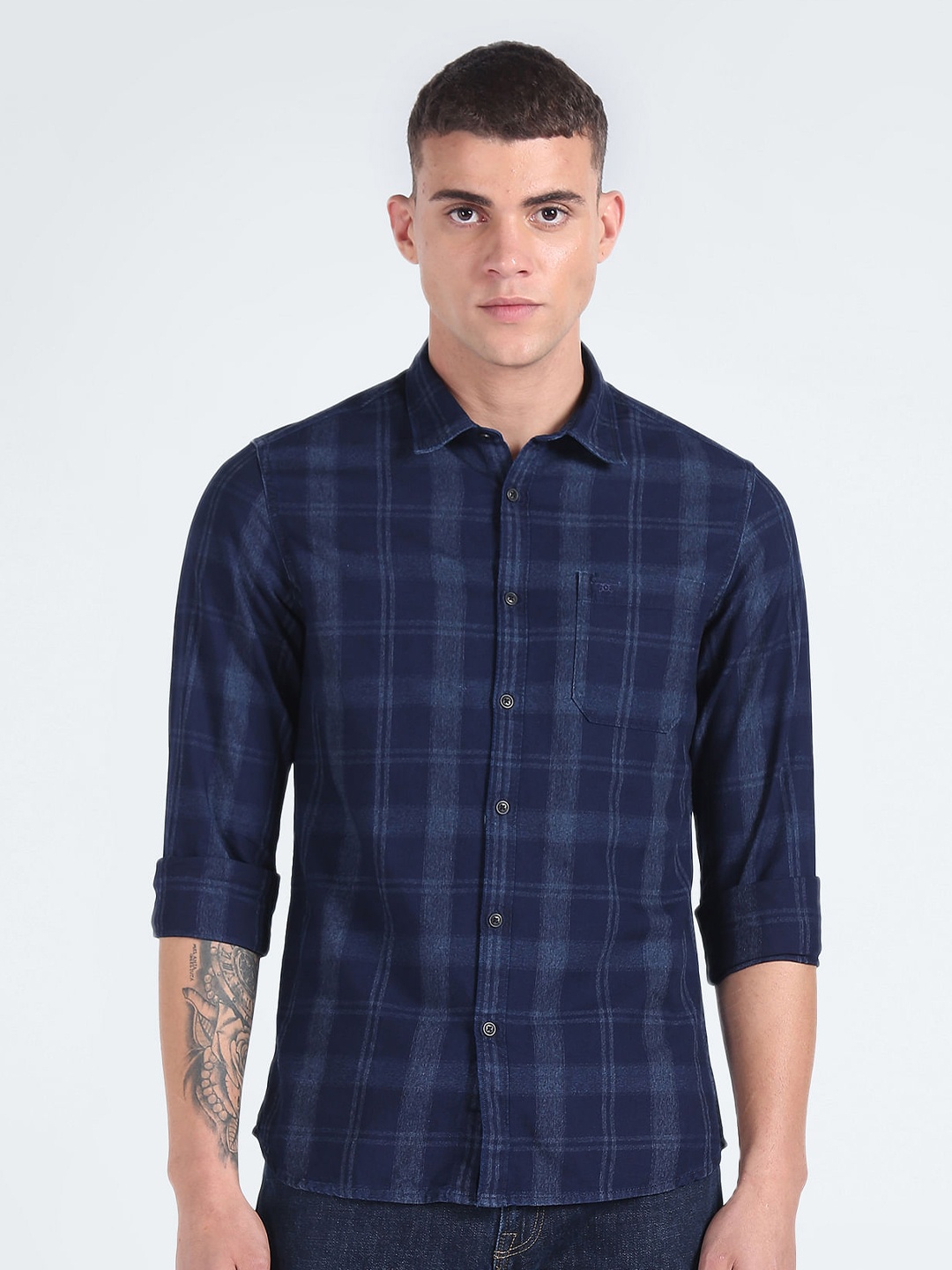 

Flying Machine Slim Fit Tartan Checked Spread Collar Pure Cotton Casual Shirt, Navy blue