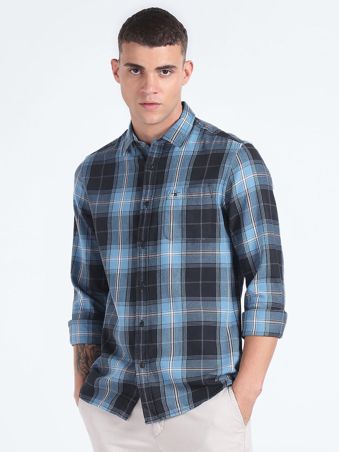 

Flying Machine Slim Fit Tartan Checked Pure Cotton Casual Shirt, Blue