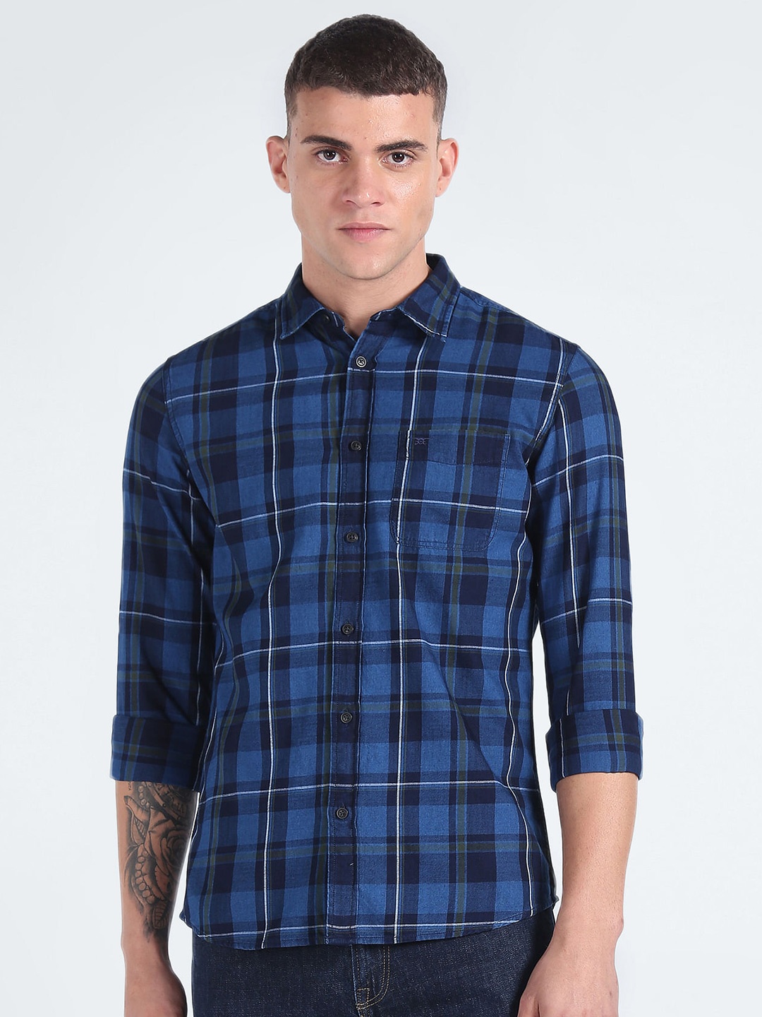 

Flying Machine Slim Fit Tartan Checked Pure Cotton Casual Shirt, Blue