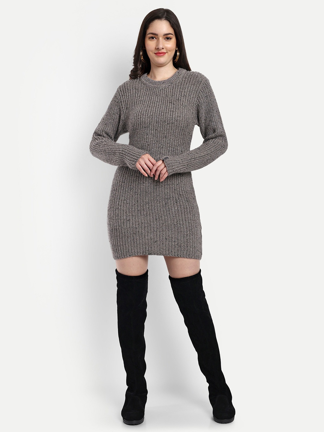 

CREATIVE LINE Self Design Round Neck Knitted Sheath Dress, Grey