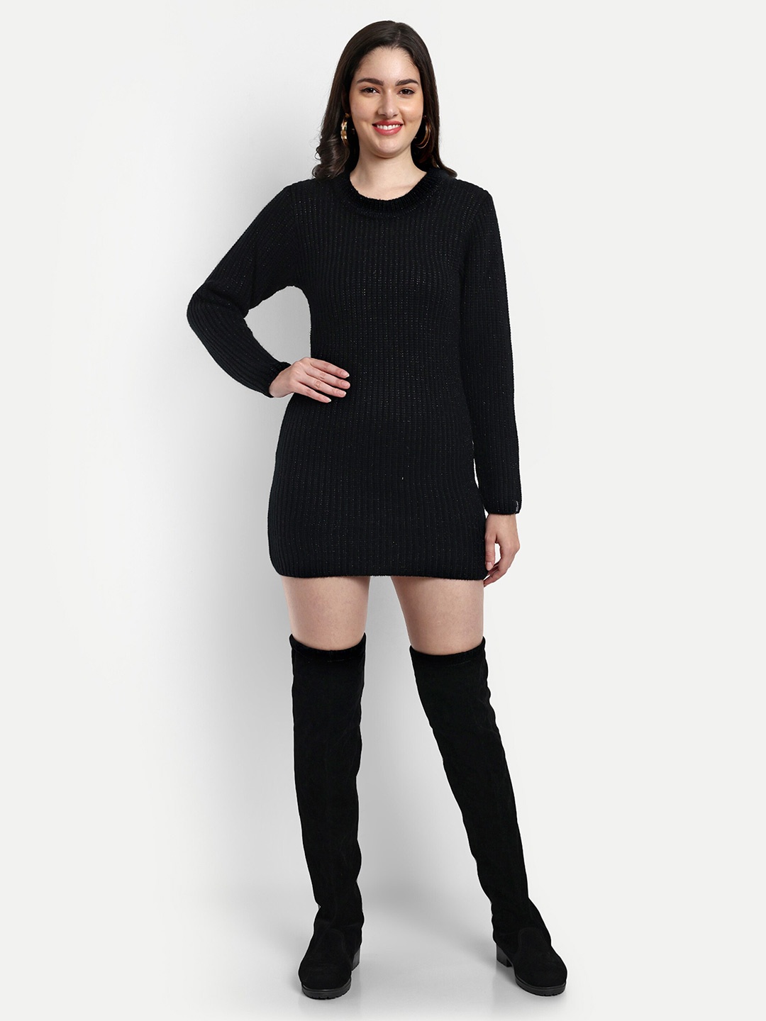 

CREATIVE LINE Self Design Round Neck Knitted Sheath Dress, Black