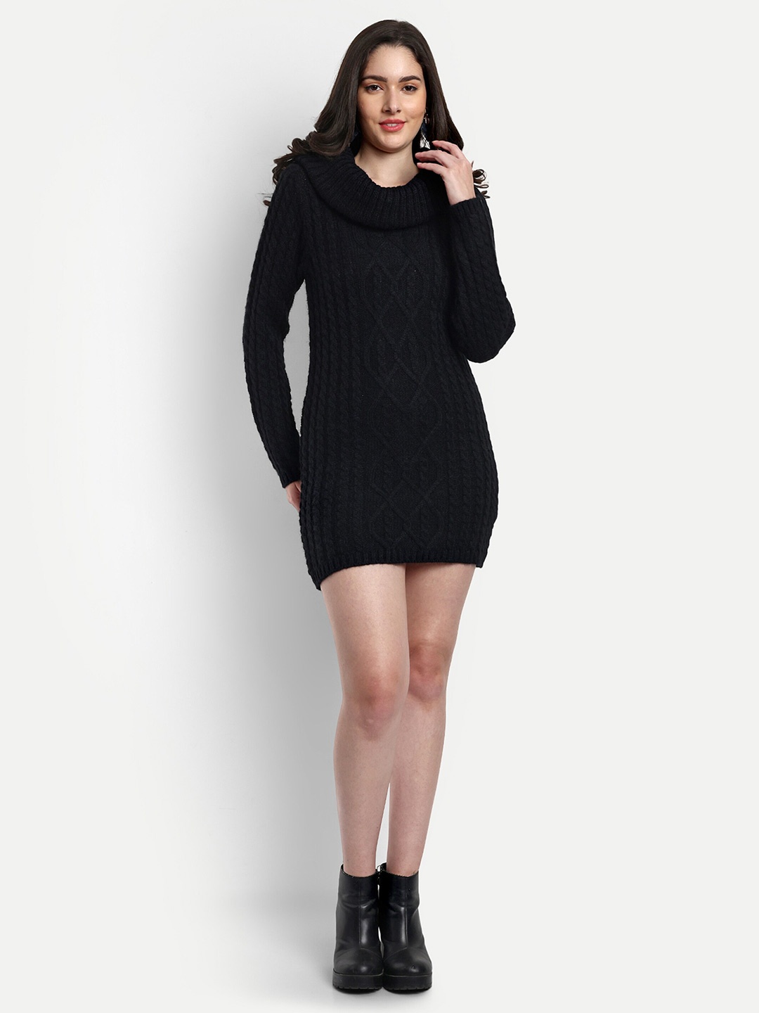 

CREATIVE LINE Self Design Mock Neck Acrylic Mini Jumper Dress, Black