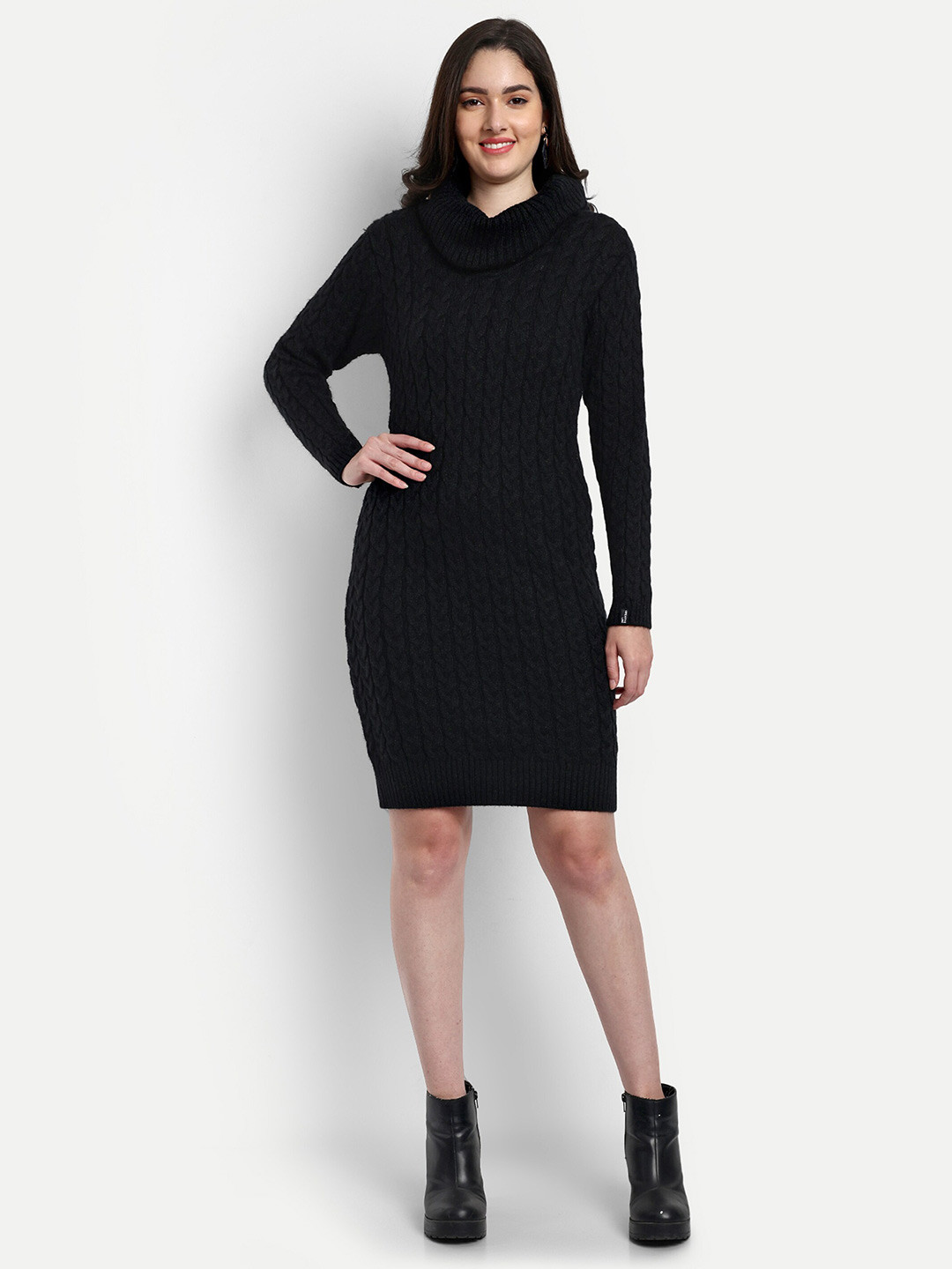 

CREATIVE LINE Self Design Cowl Neck Knitted Sheath Dress, Black