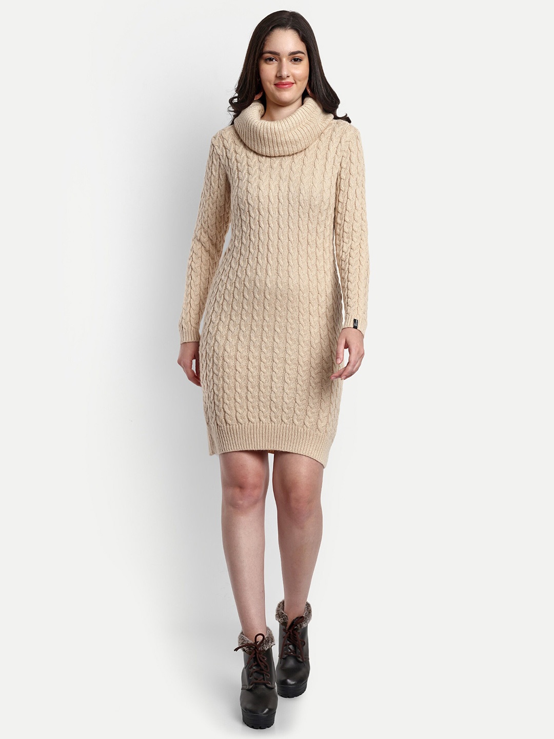 

CREATIVE LINE Self Design Mock Neck Acrylic Jumper Dress, Beige