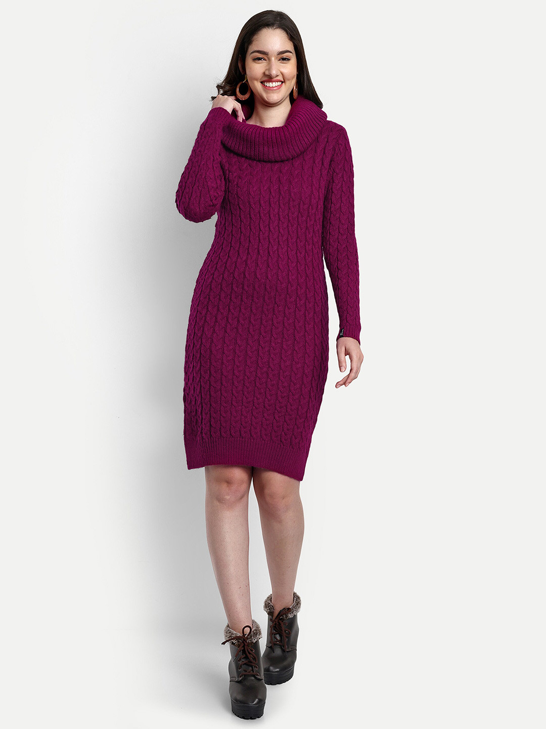 

CREATIVE LINE Self Design Cowl Neck Knitted Sheath Dress, Brown