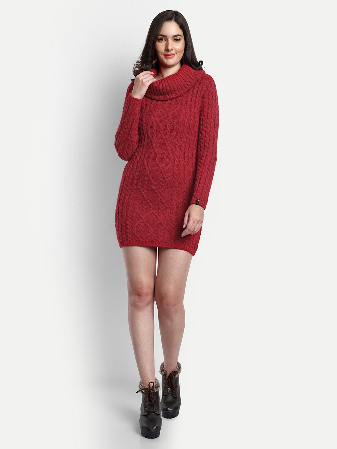 

CREATIVE LINE Self Design Mock Neck Acrylic Mini Jumper Dress, Red