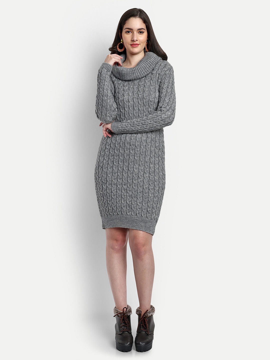 

CREATIVE LINE Self Design Mock Neck Acrylic Jumper Dress, Grey