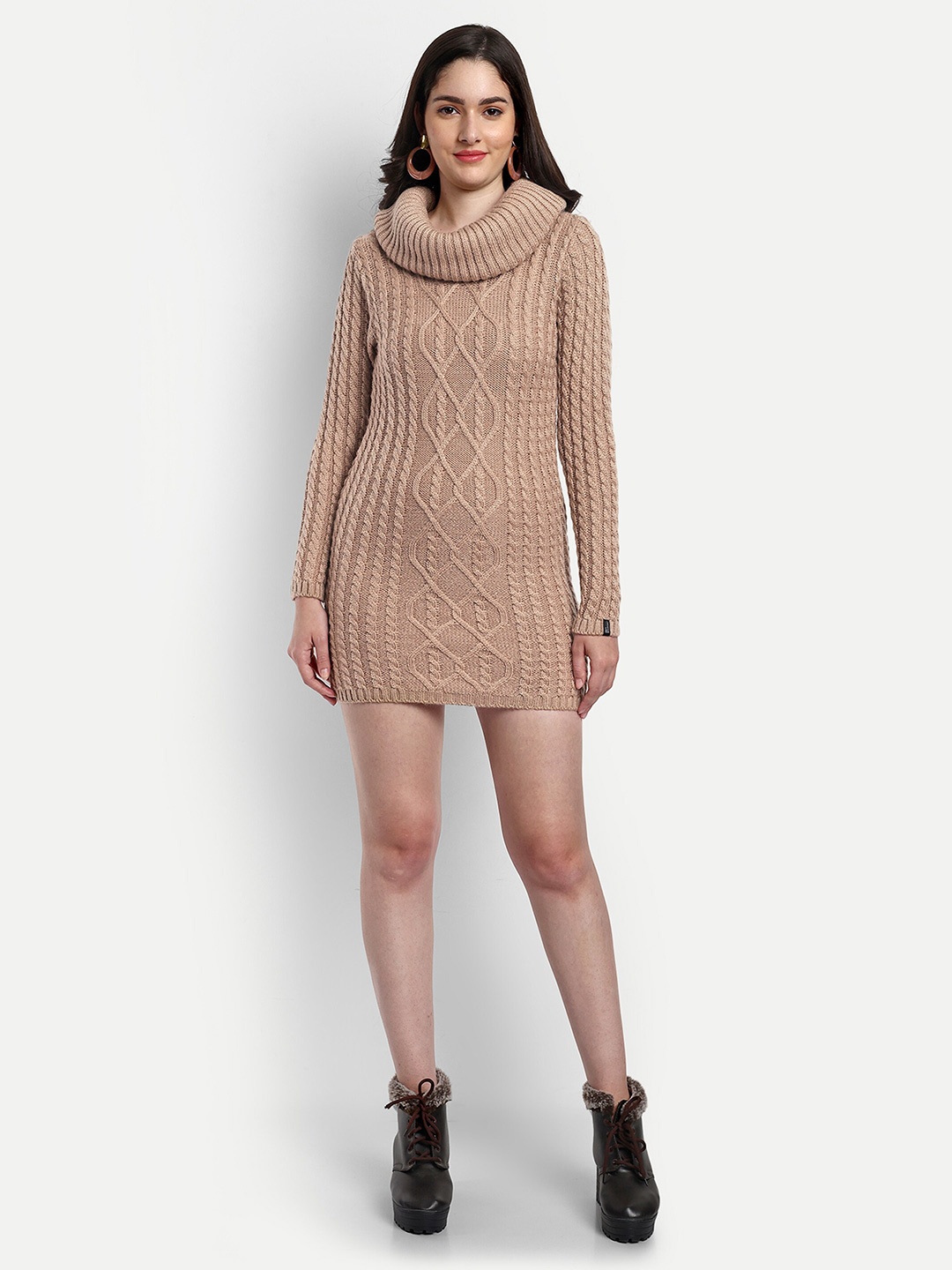 

CREATIVE LINE Self Design Cowl Neck Knitted Sheath Dress, Beige