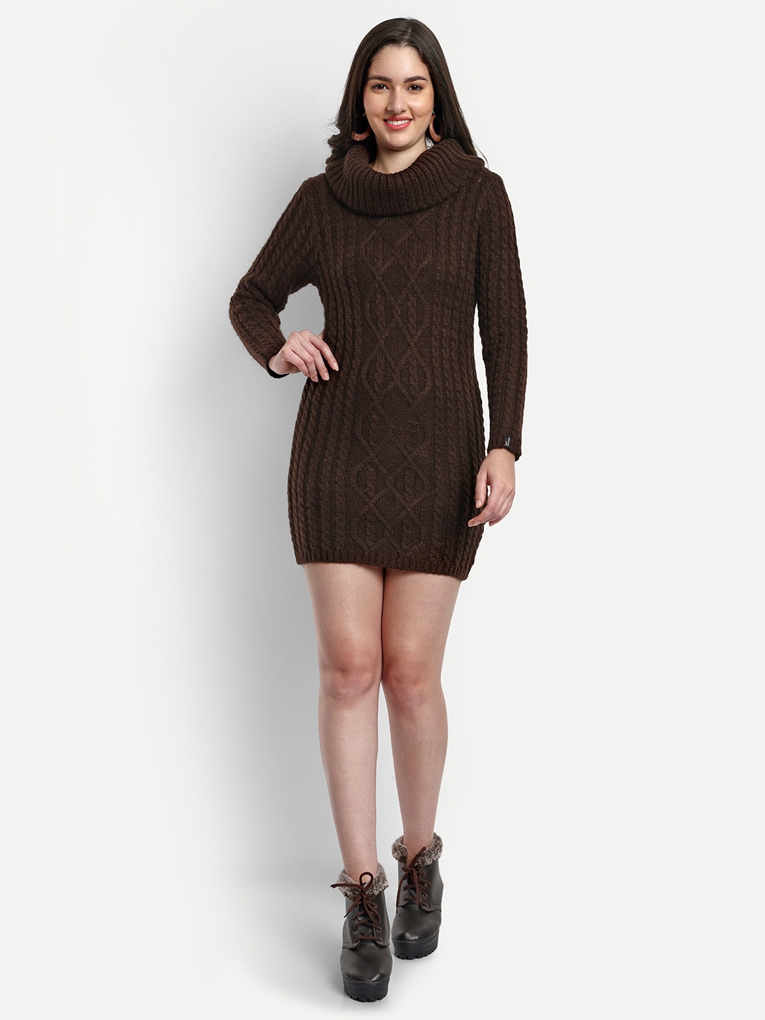 

CREATIVE LINE Self Design Mock Neck Acrylic Mini Jumper Dress, Brown