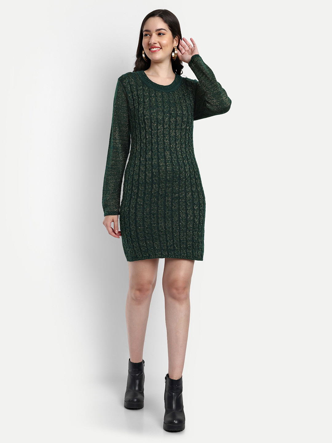 

CREATIVE LINE Self Design Acrylic Jumper Dress, Green