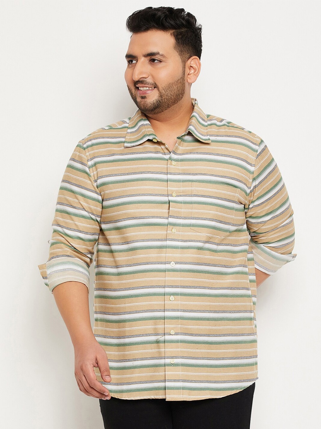 

bigbanana Plus Size Striped Classic Cotton Casual Shirt, Brown