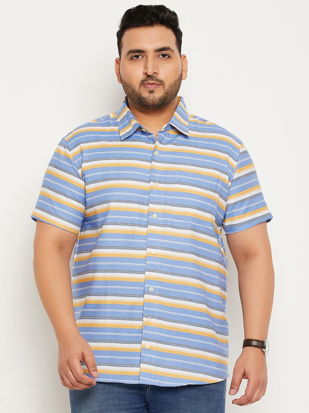 

bigbanana Plus Size Striped Classic Cotton Casual Shirt, Blue