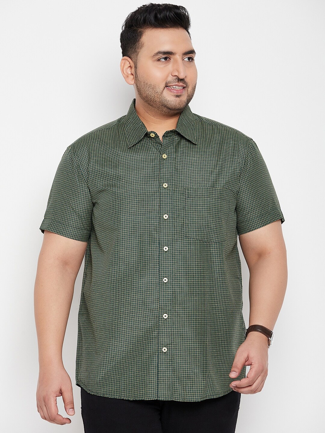 

bigbanana Plus Size Checked Classic Cotton Casual Shirt, Green
