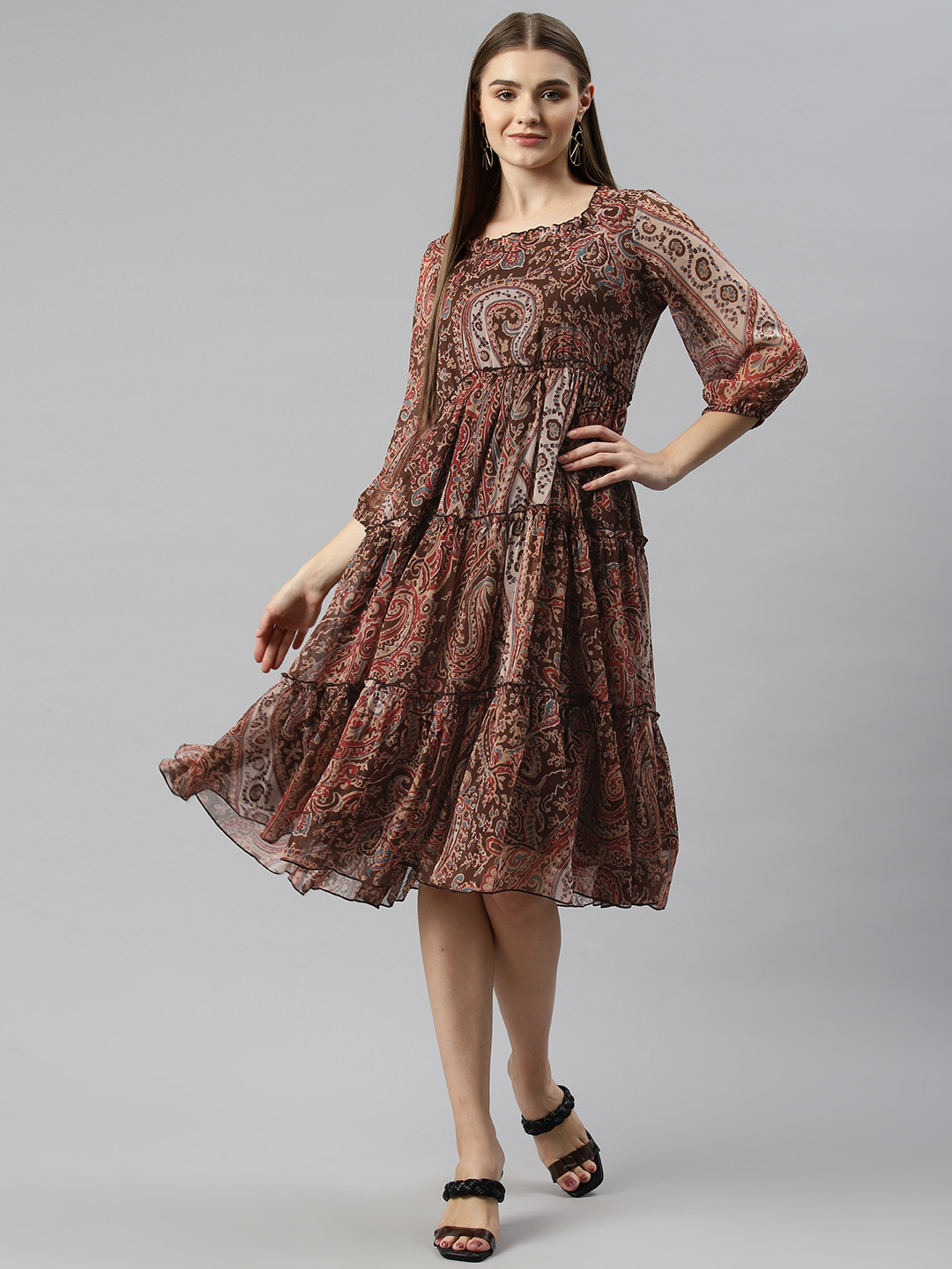 

Nayam By Lakshita Floral Print Puff Sleeve A-Line Midi Dress, Brown