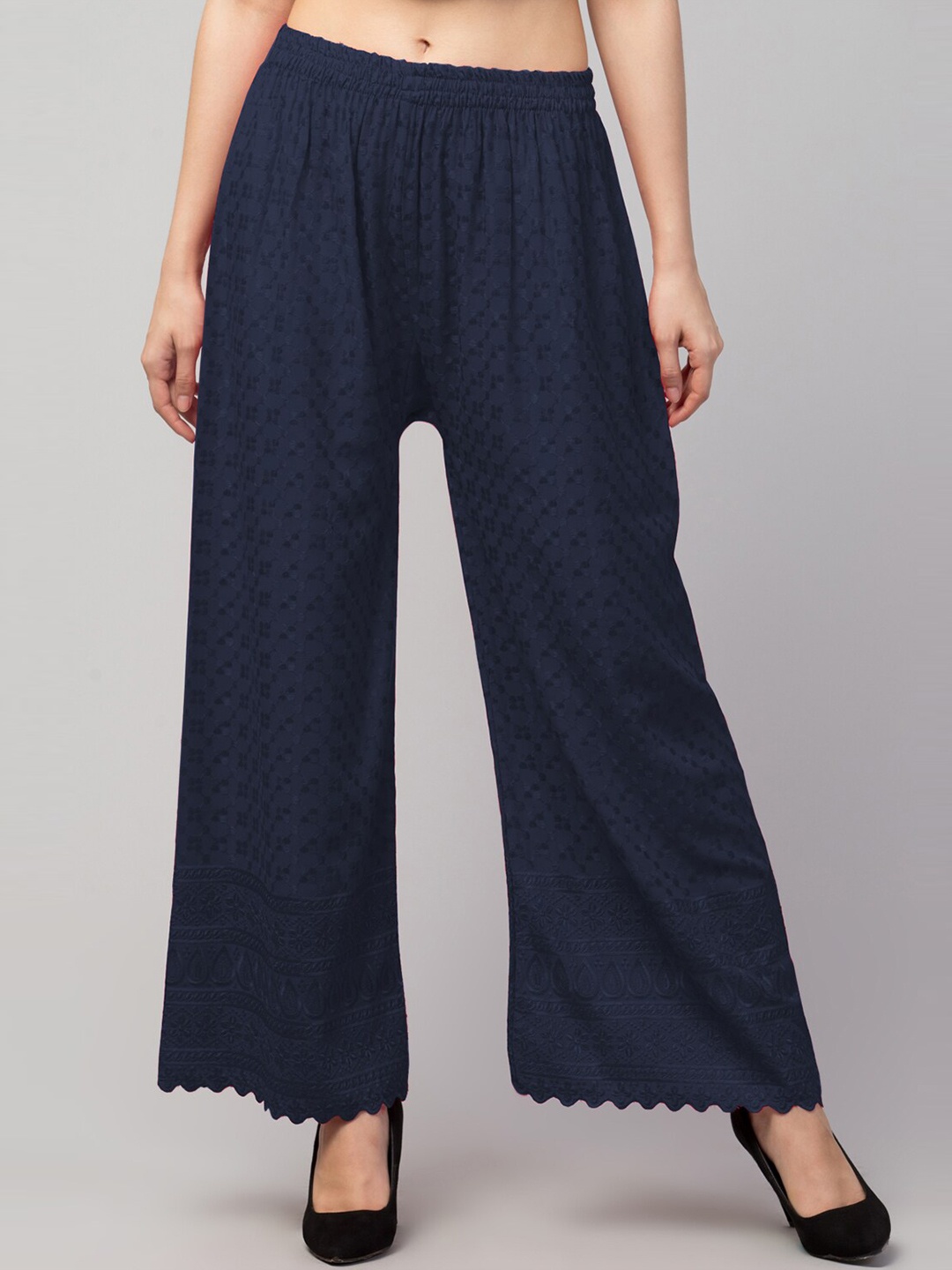 

Trend Level Ethnic Motifs Embroidered Wide Leg Palazzos, Navy blue