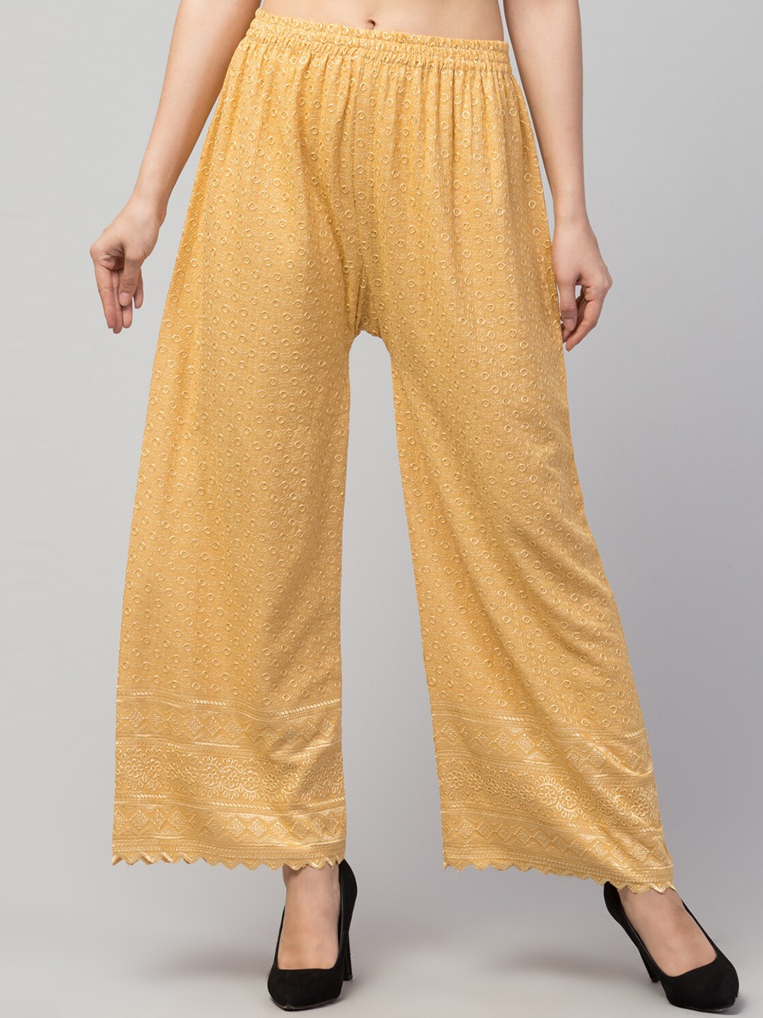 

Trend Level Ethnic Motifs Embroidered Wide Leg Palazzos, Beige
