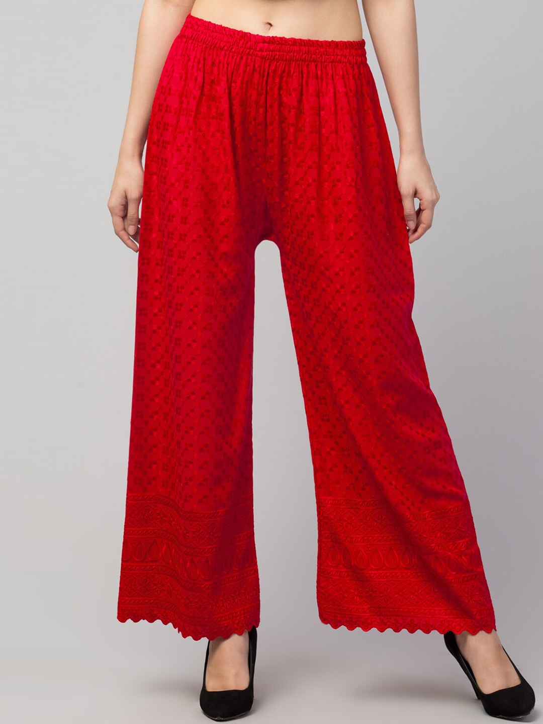 

Trend Level Ethnic Motifs Embroidered Wide Leg Palazzos, Red