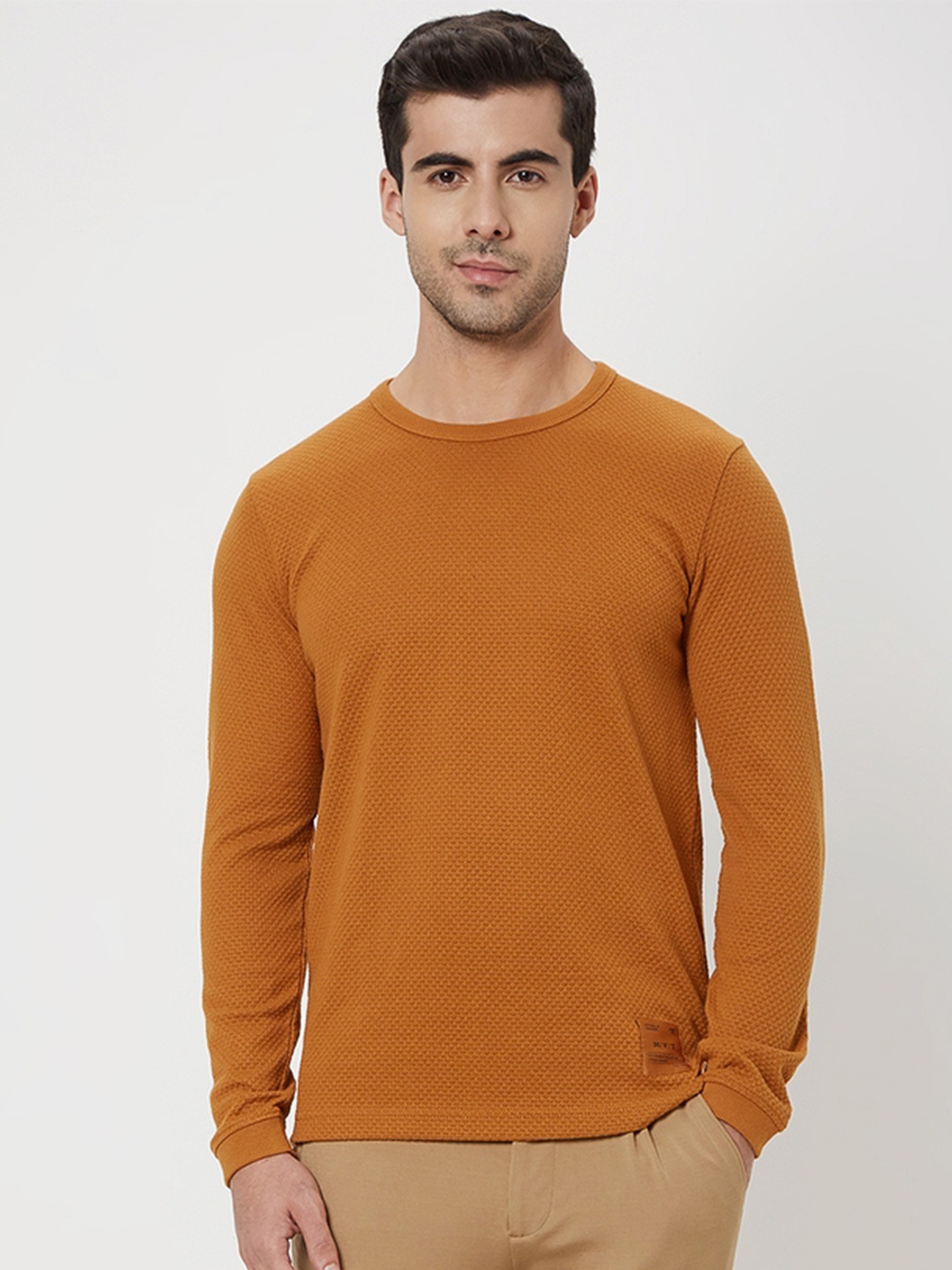 

Mufti Self Design Round Neck Long Sleeves Slim Fit T-shirt, Mustard