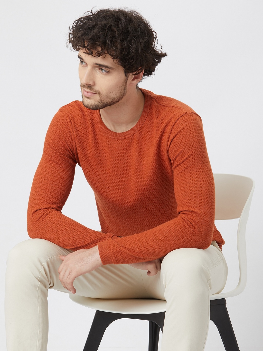 

Mufti Self Design Round Neck Long Sleeve Slim Fit T-shirt, Rust