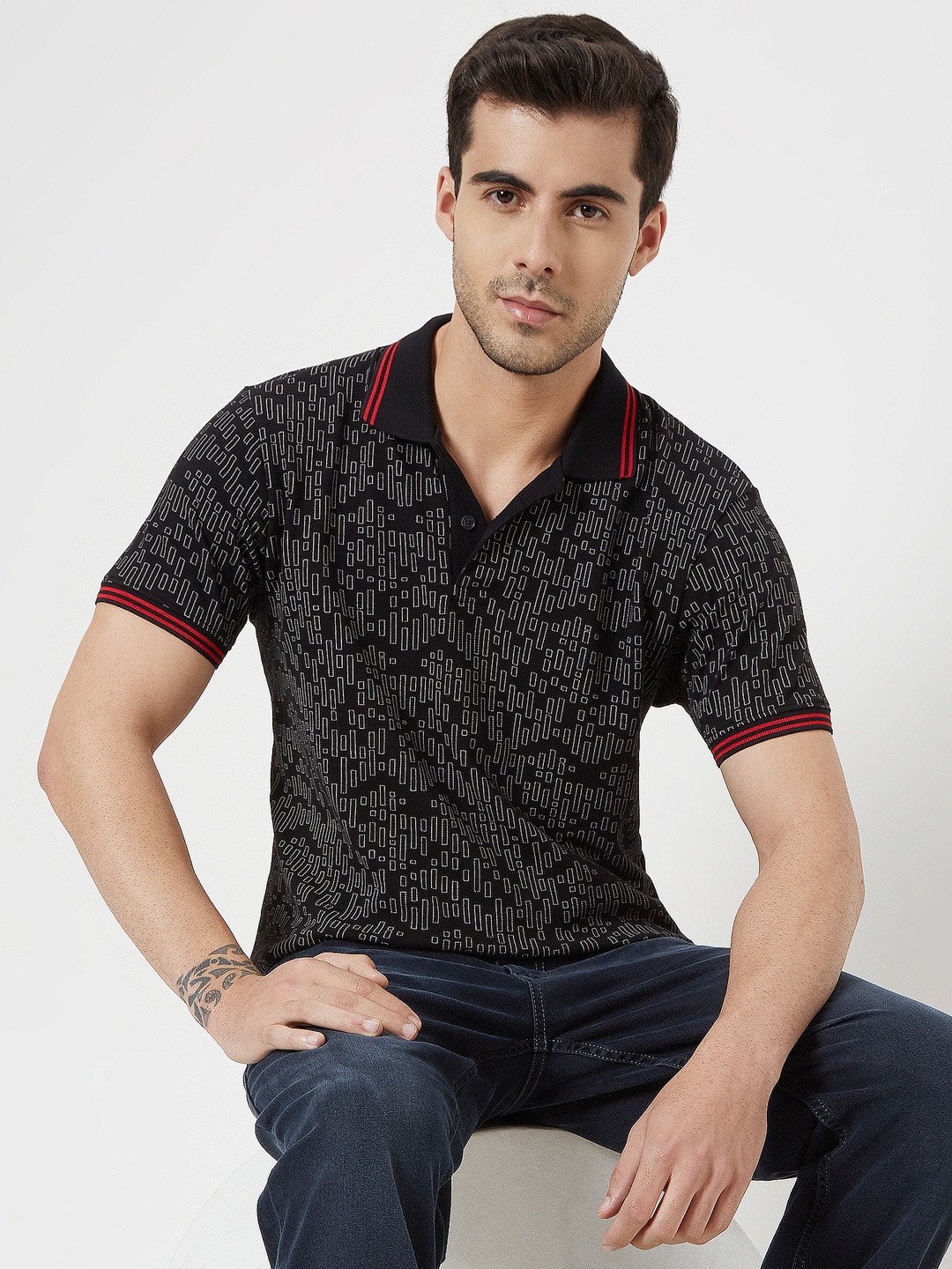 

Mufti Geometric Printed Polo Collar Slim Fit Pure Cotton T-shirt, Black