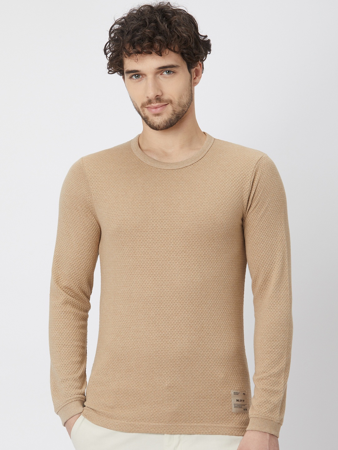 

Mufti Self Design Round Neck Long Sleeves Slim Fit T-shirt, Beige