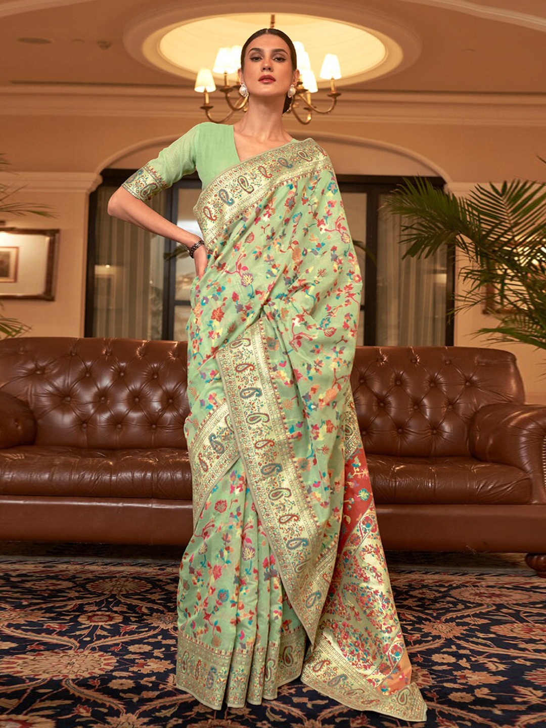 

MORLY Woven Design Zari Kanjeevaram Saree, Sea green