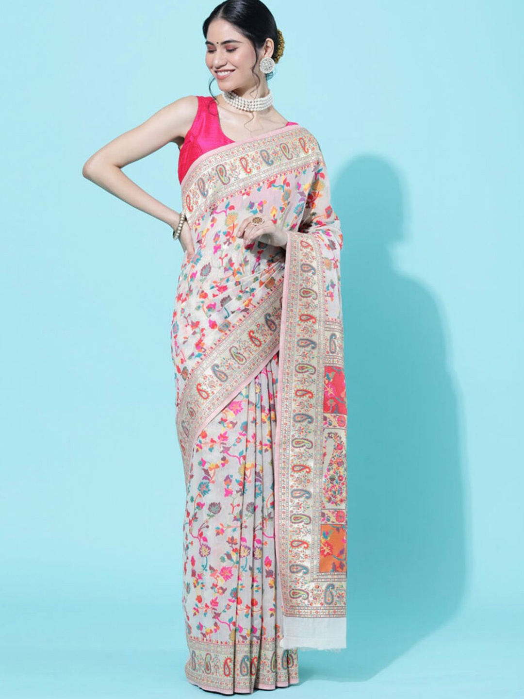 

MORLY Floral Printed Zari Kanjeevaram Saree, Cream
