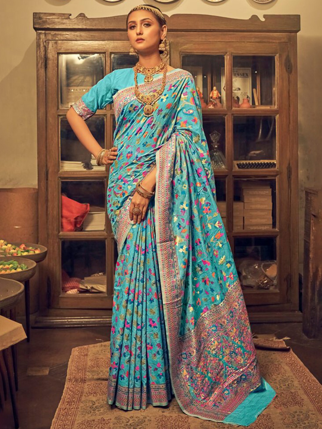

MORLY Floral Printed Zari Kanjeevaram Saree, Turquoise blue
