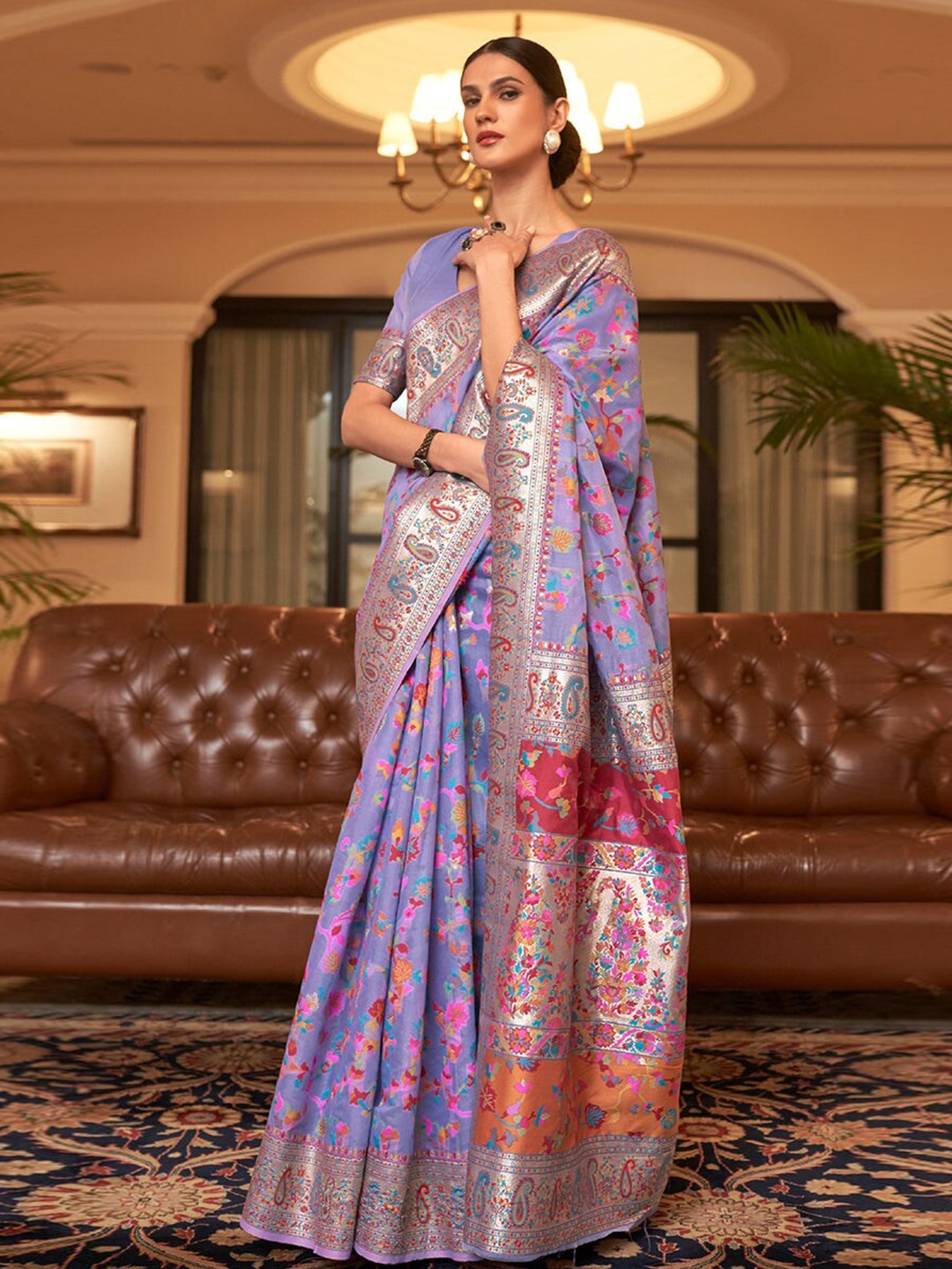 

MORLY Floral Printed Zari Kanjeevaram Saree, Blue
