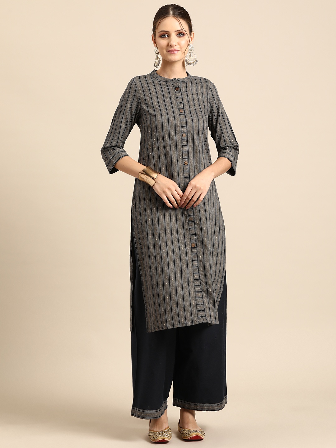 

Anouk Women Striped Regular Sequinned Pure Cotton Kurta with Palazzos, Grey