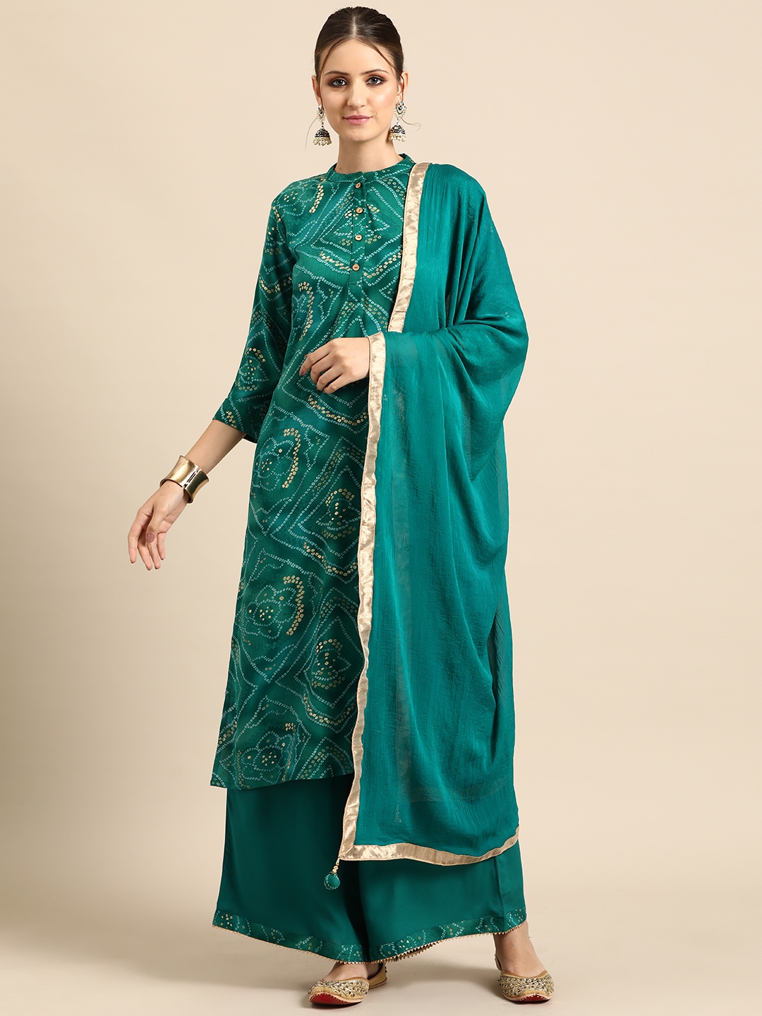 

Anouk Women Bandhani Printed Regular Kurta with Palazzos & With Dupatta, Sea green
