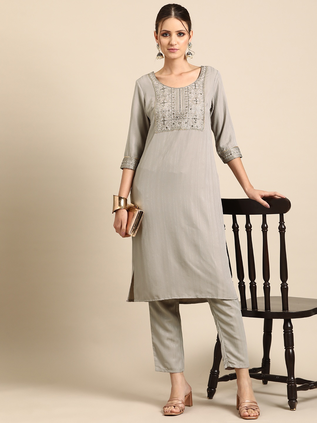 

Anouk Women Embroidered Regular Mirror Work Kurta with Trousers, Grey