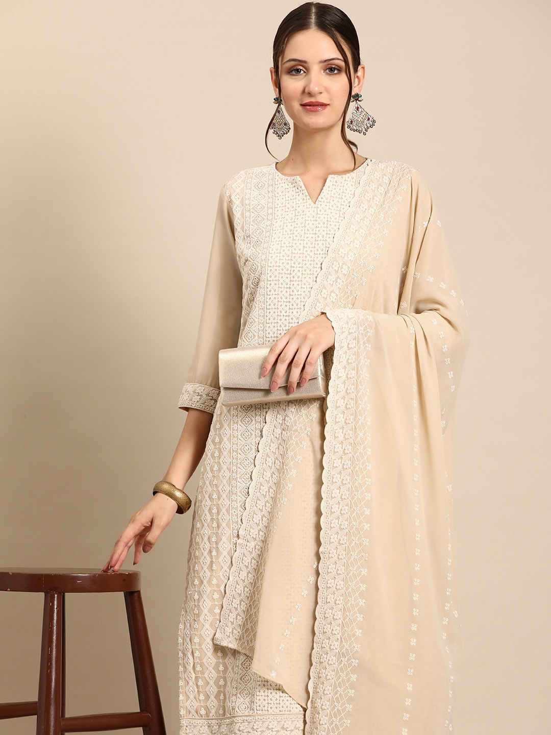 

Anouk Women Ethnic Motifs Embroidered Kurta with Trousers & With Dupatta, Beige