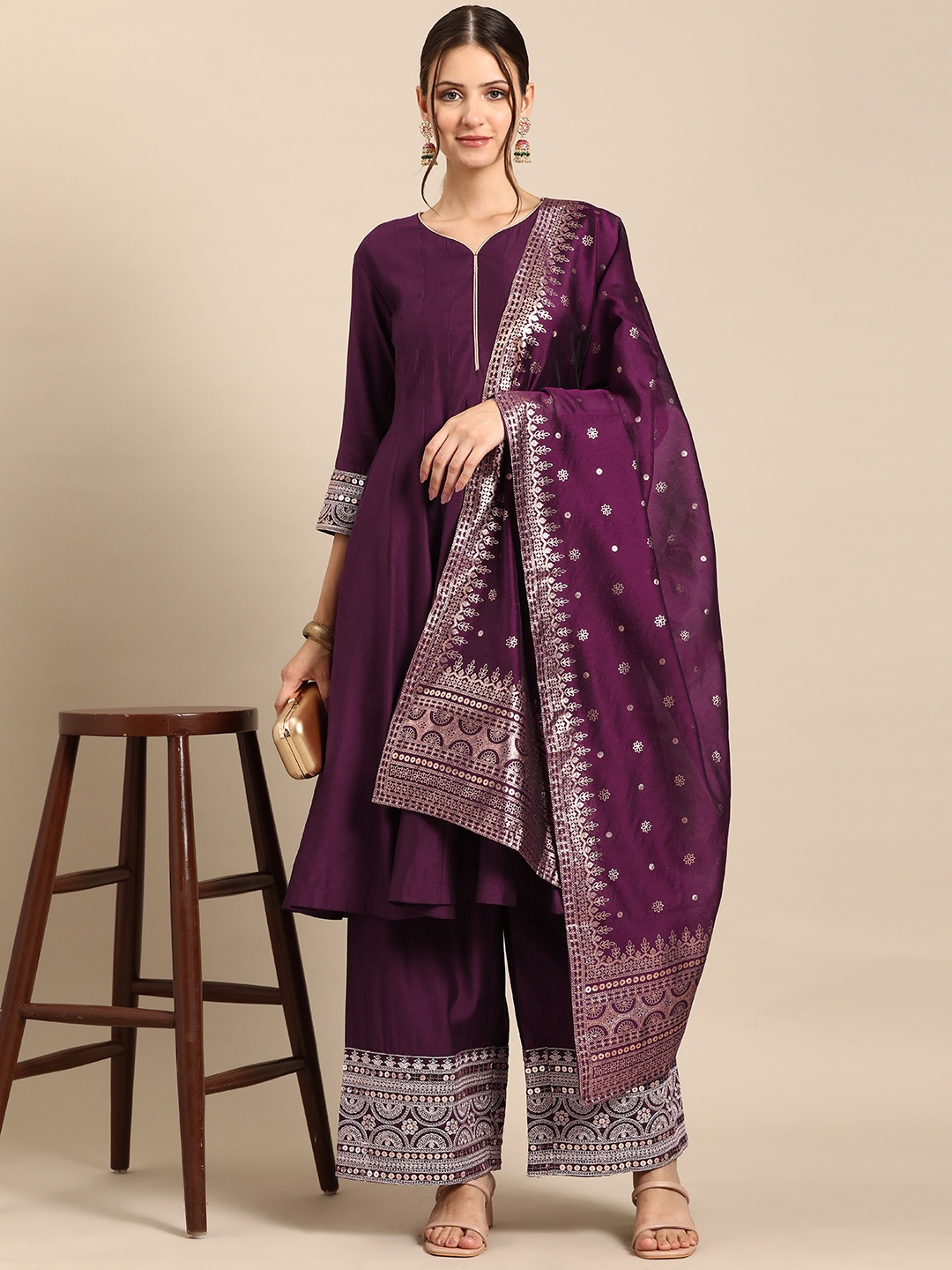 

Anouk Women Ethnic Motifs Embroidered Sequinned Kurta with Palazzos & With Dupatta, Burgundy
