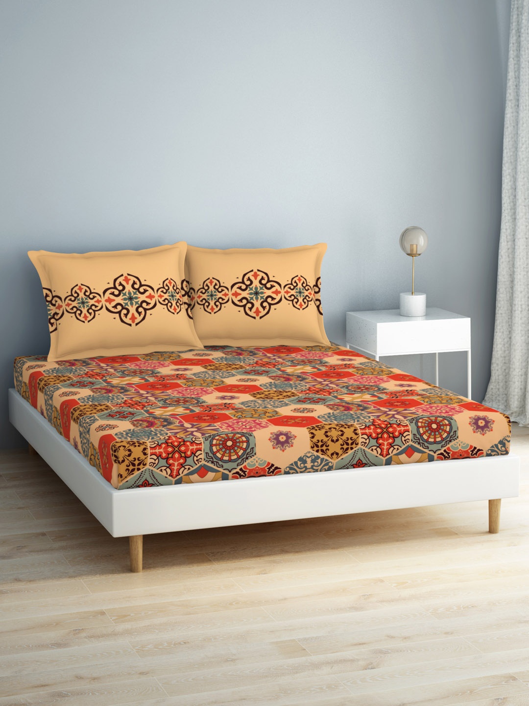 

SPACES Aurum Orange Ethnic Motifs Pure Cotton 140 TC Queen Bedsheet with 2 Pillow Covers