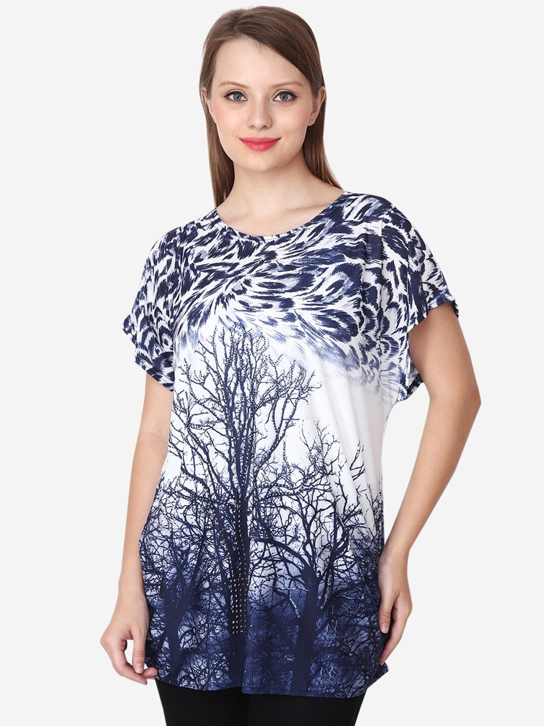 

Steele Abstract Printed Round Neck Flutter Sleeve Regular Top, Blue